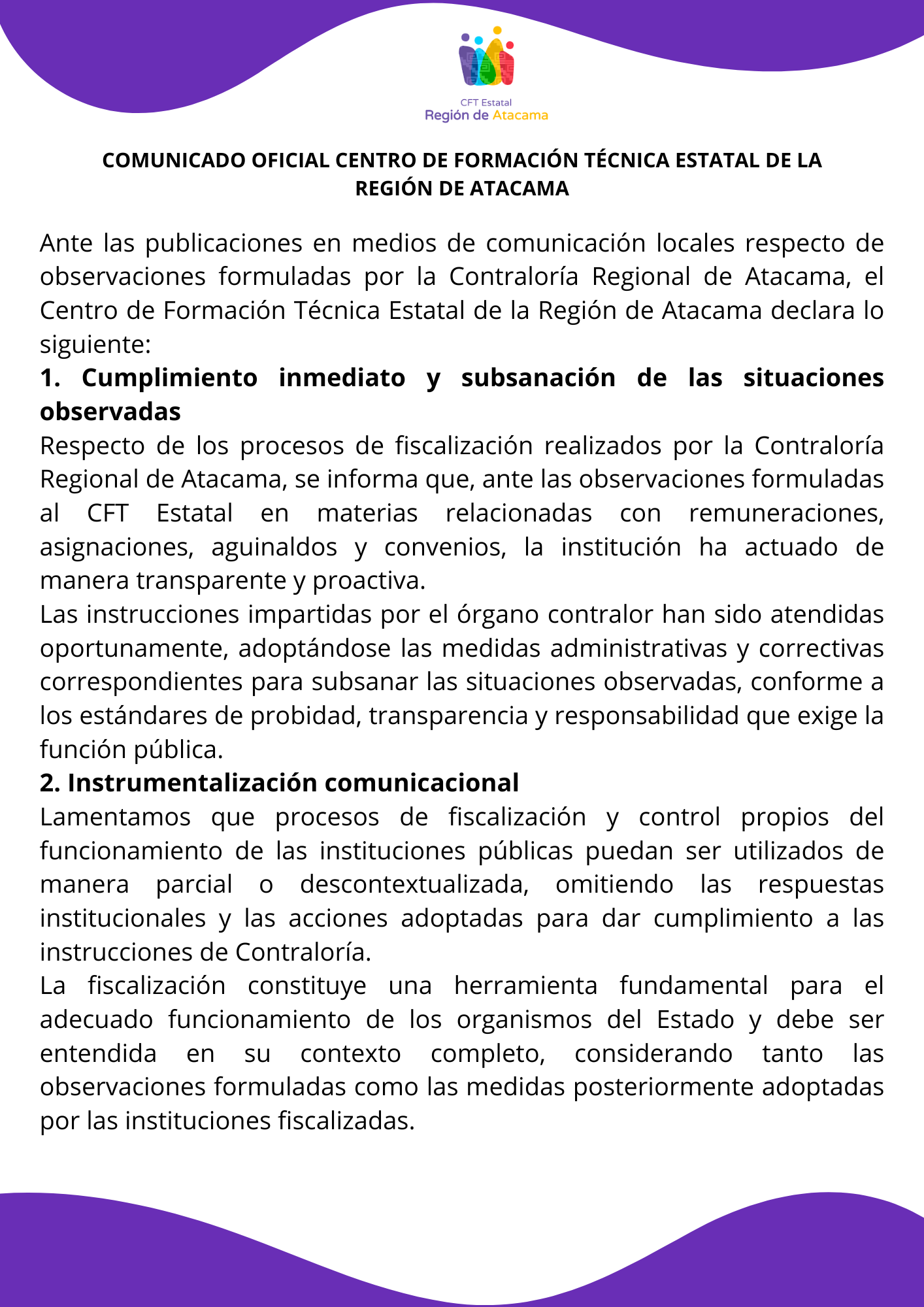 Comunicado oficial del CFT Estatal de la Región de Atacama